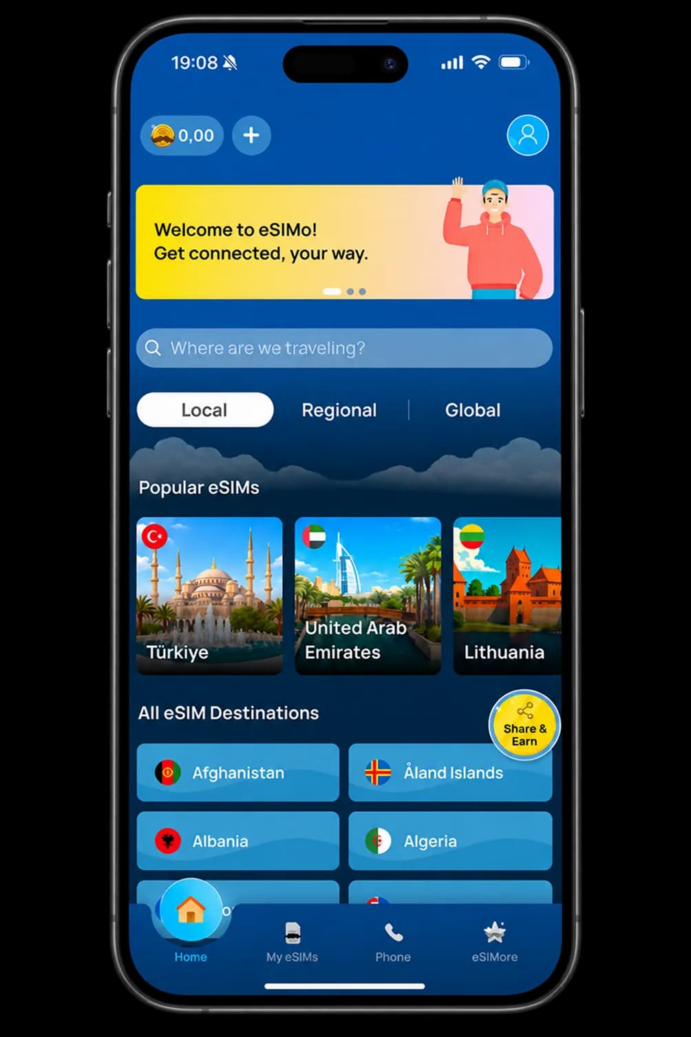 The eSIMo app home screen with popular eSIM destinations