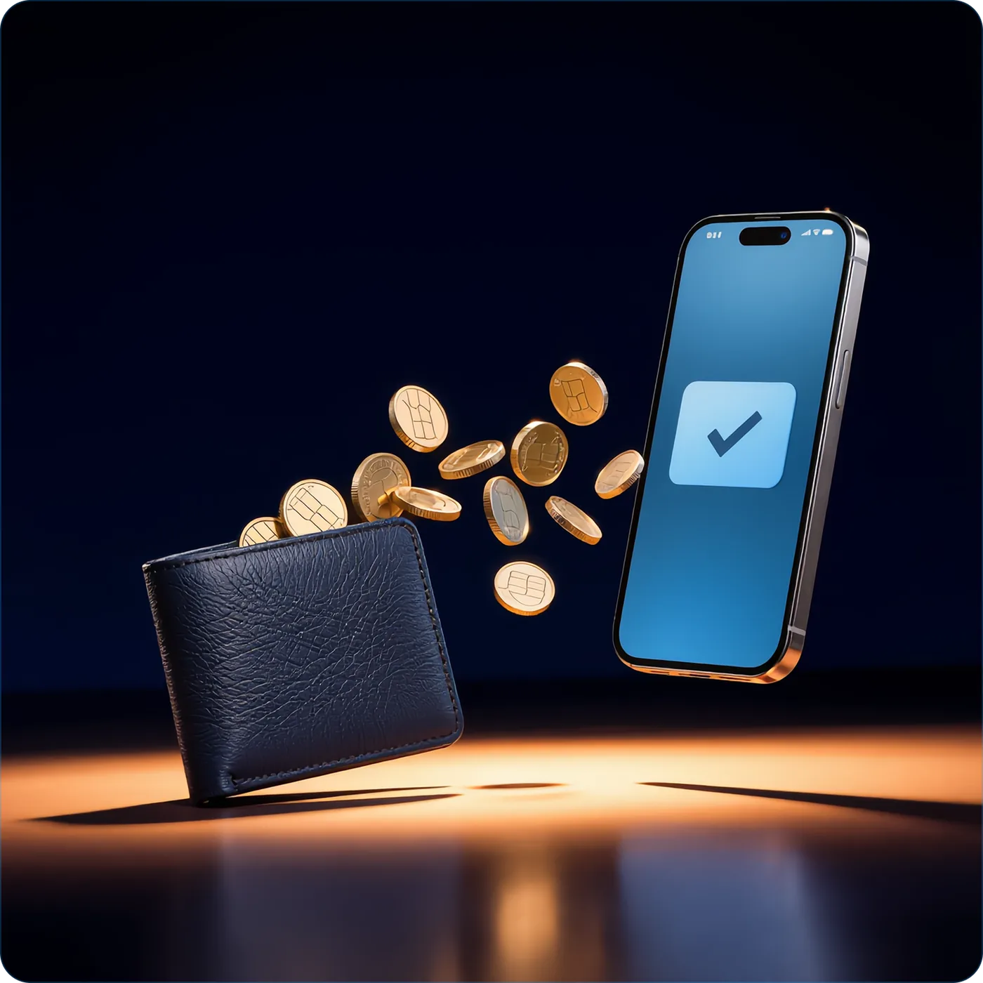 A company wallet paying across to a phone, where a SIM installs and confirms