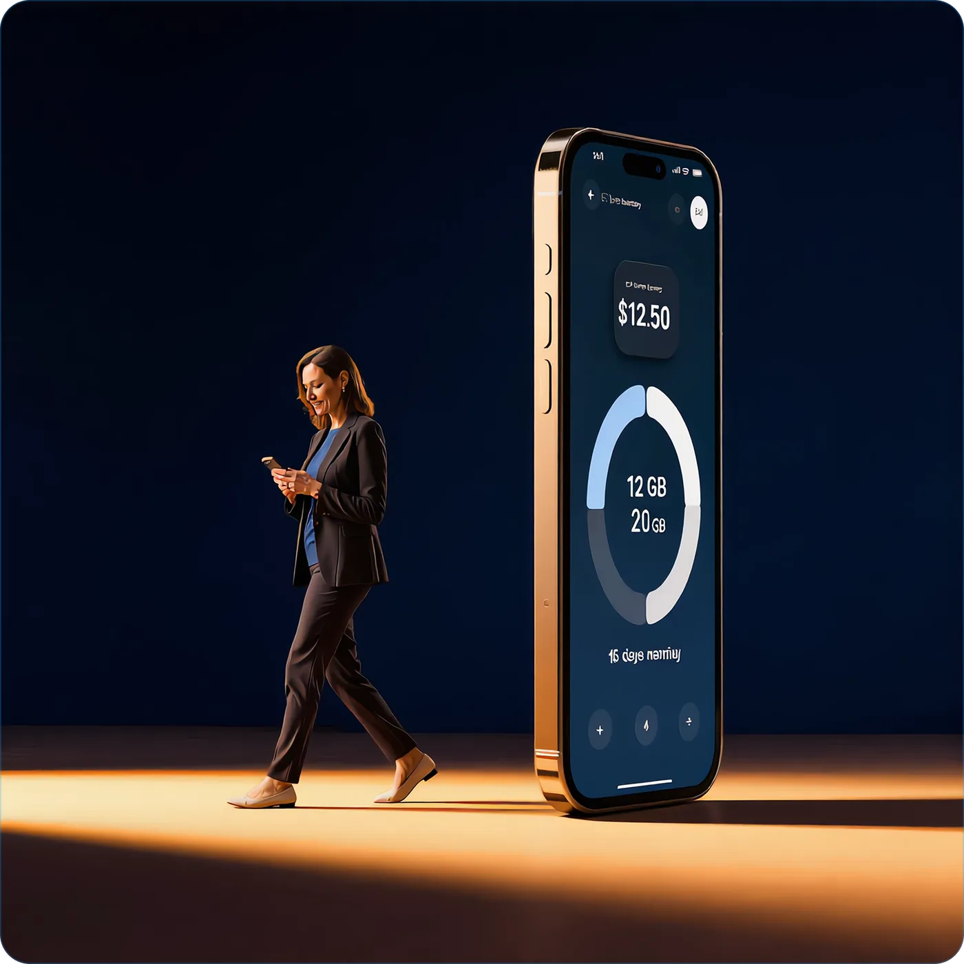 Sarah standing next to a large phone showing her eSIM usage