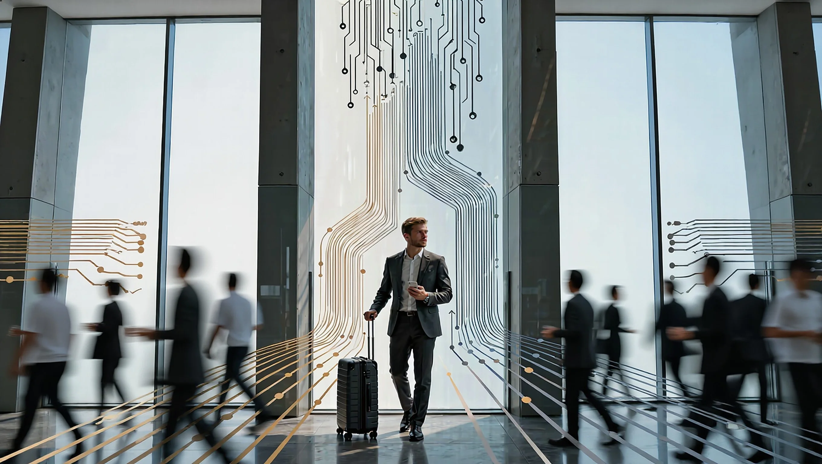 Business traveler with a suitcase walking through a modern terminal