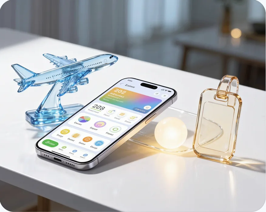 Phone with the eSIMo app next to a glass airplane and luggage tag