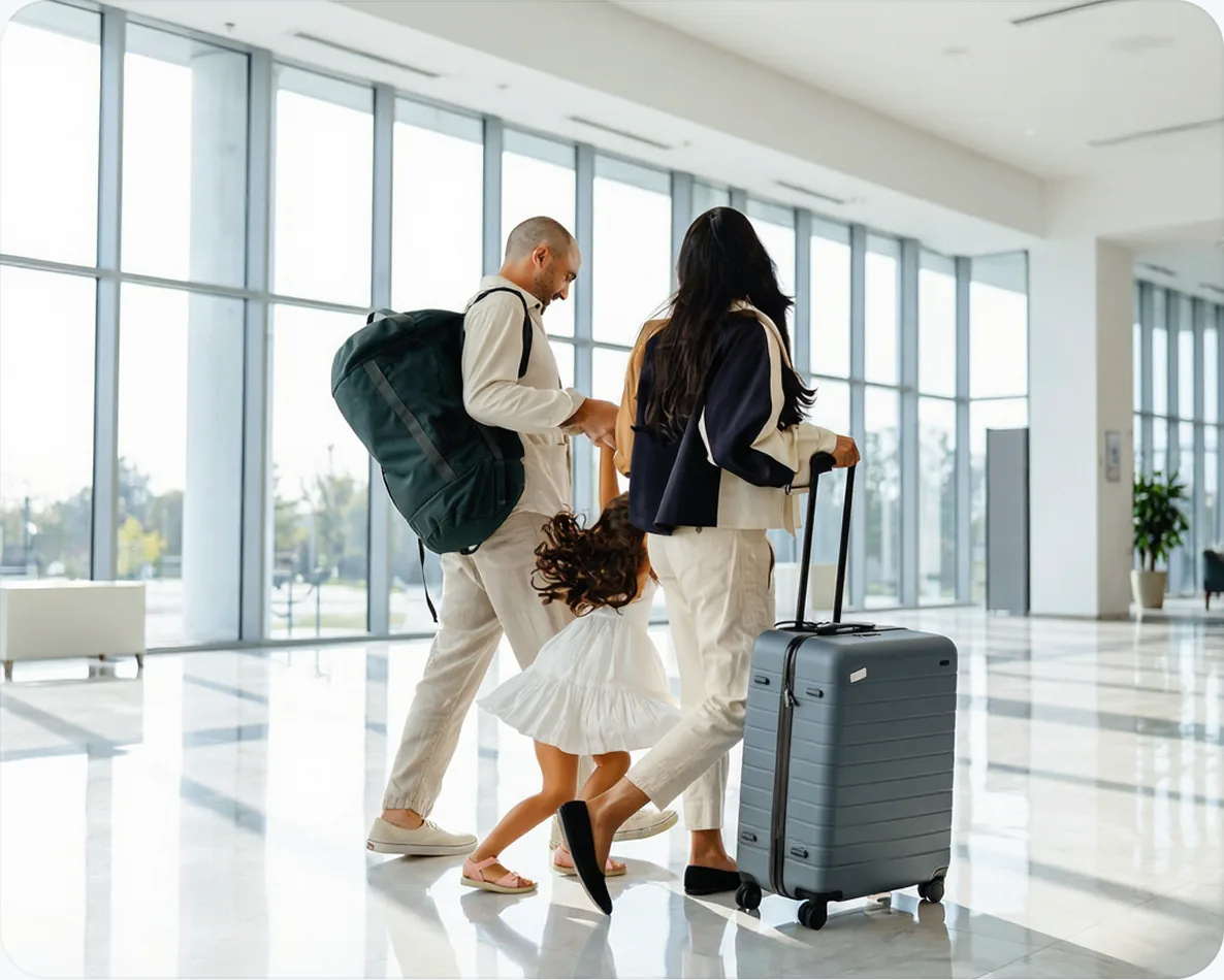 Family with luggage walking through an airport