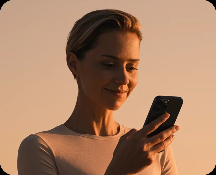 Woman smiling while chatting with support on her phone