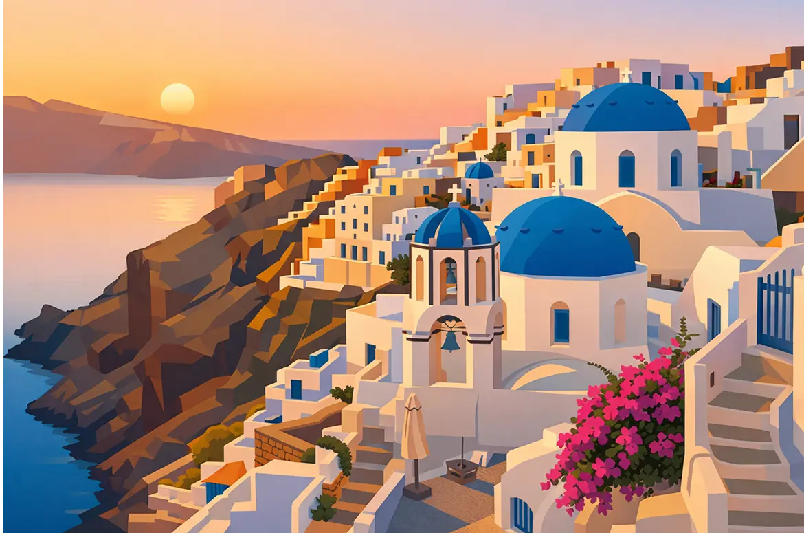 Illustration of Santorini, Greece at sunset